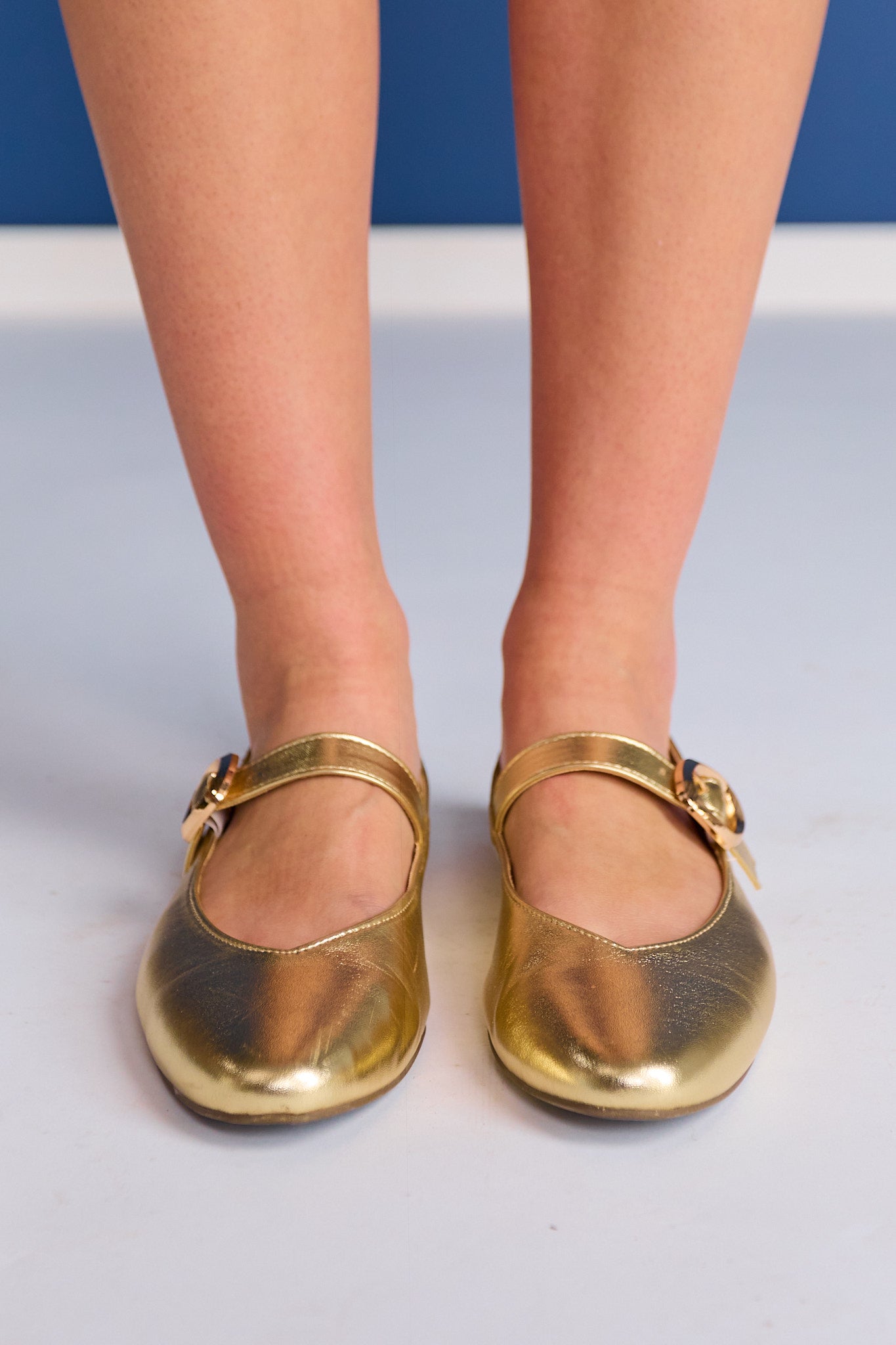 Gold Closed Toe Flats with Buckle