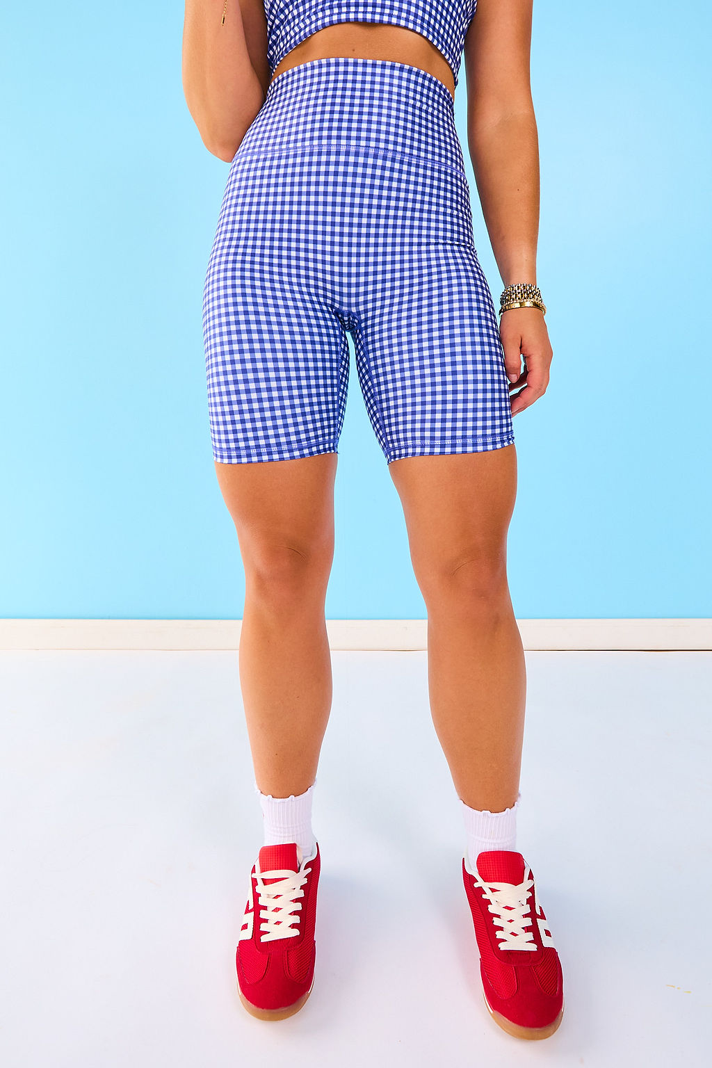 SSYS Navy Gingham Print Seamless Biker Shorts
