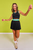 SSYS Neon Blue and Lime Trim V Neck Padded Black Tank Top