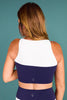 SSYS Curved Contrast Signature Sports Bra in Navy and White