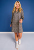 SSYS Beige Animal Print Puff Long Sleeve Collared Scuba Active Dress