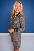 SSYS Beige Animal Print Puff Long Sleeve Collared Scuba Active Dress