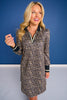 SSYS Beige Animal Print Puff Long Sleeve Collared Scuba Active Dress