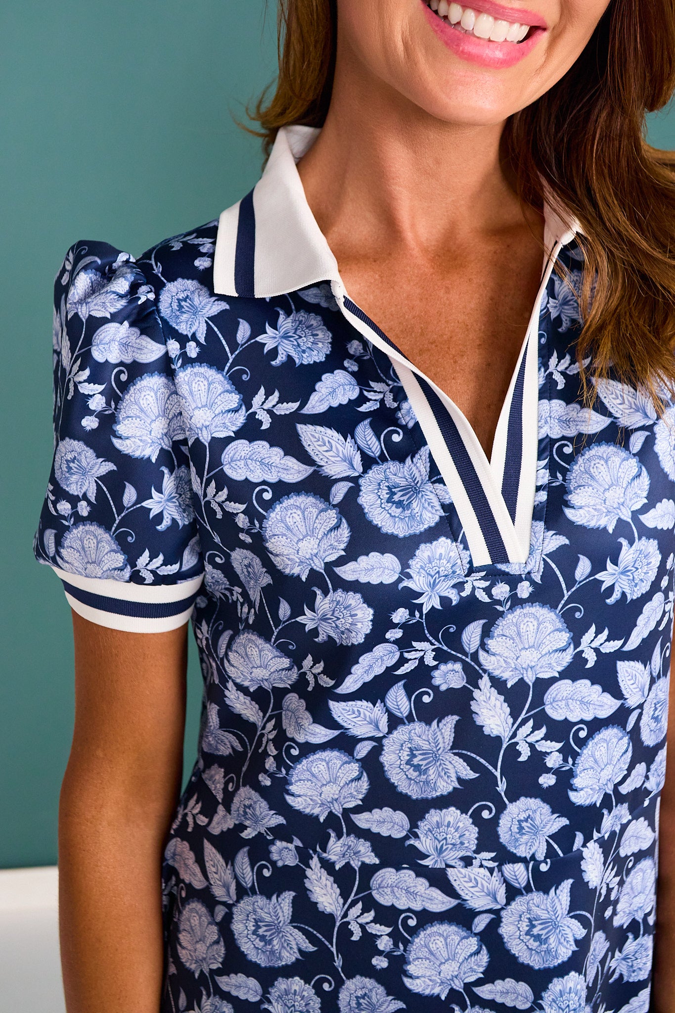 SSYS Indigo Bloom Puff Short Sleeve Collared Scuba Dress