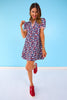 SSYS Red White and Navy Floral Puff Short Sleeve Collared Scuba Dress