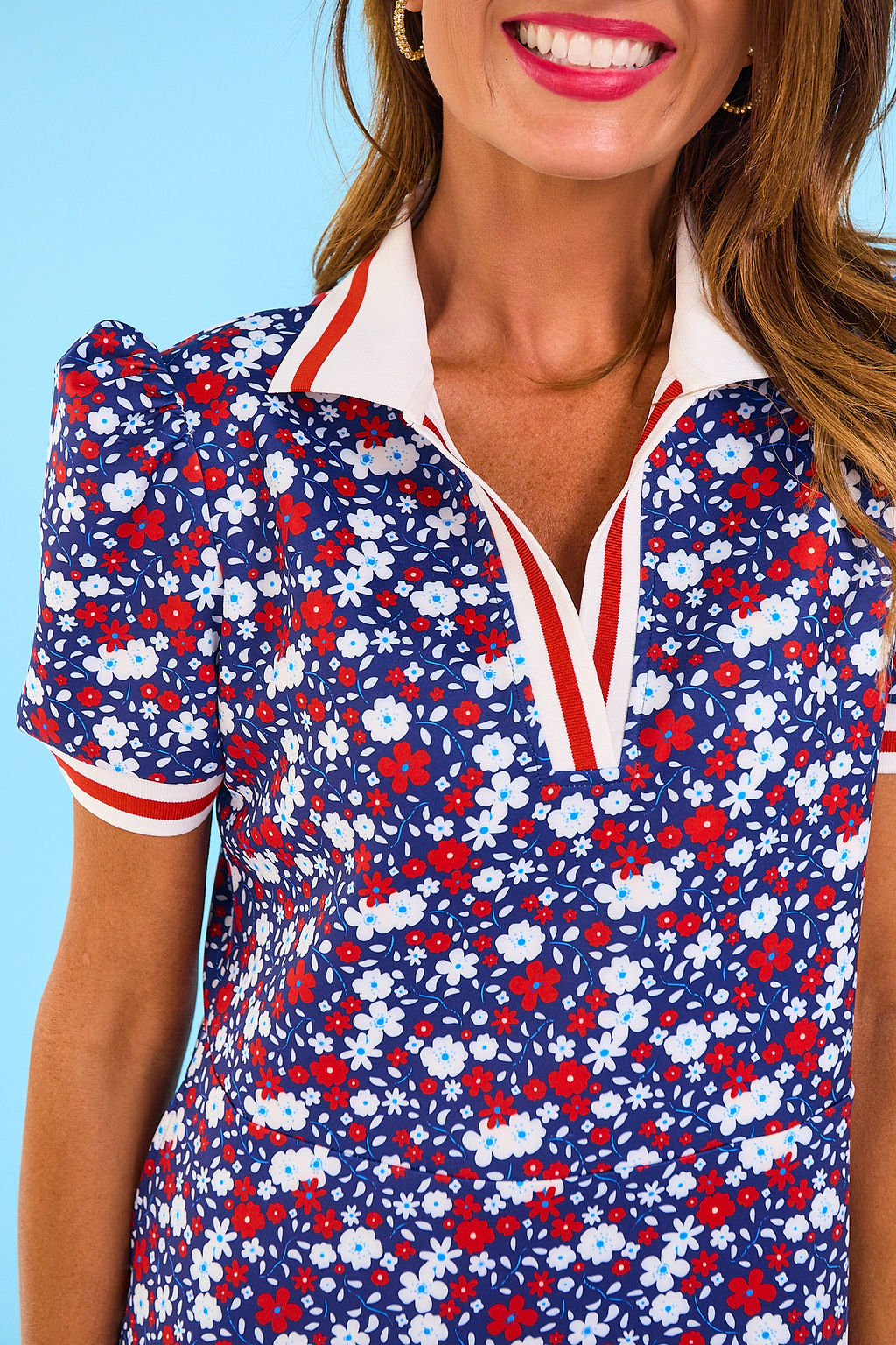 SSYS Red White and Navy Floral Puff Short Sleeve Collared Scuba Dress