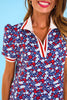 SSYS Red White and Navy Floral Puff Short Sleeve Collared Scuba Dress