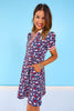 SSYS Red White and Navy Floral Puff Short Sleeve Collared Scuba Dress