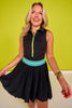 SSYS Black Zipper Pleated Skort Active Dress With Neon Blue and Green Stripes