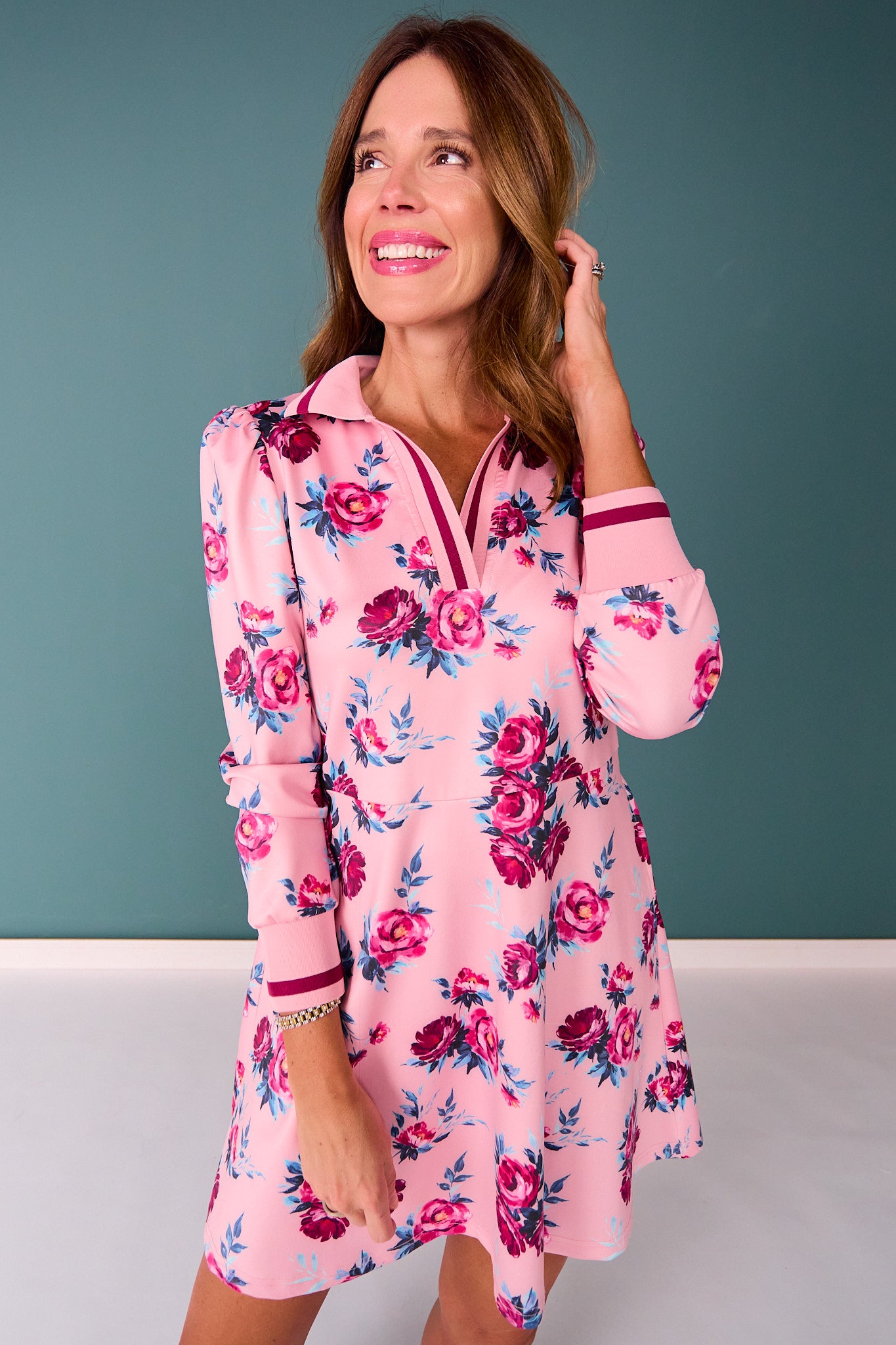 SSYS Scuba Drop Waist Ribbed Collar Long Sleeve Dress In Dusty Rose