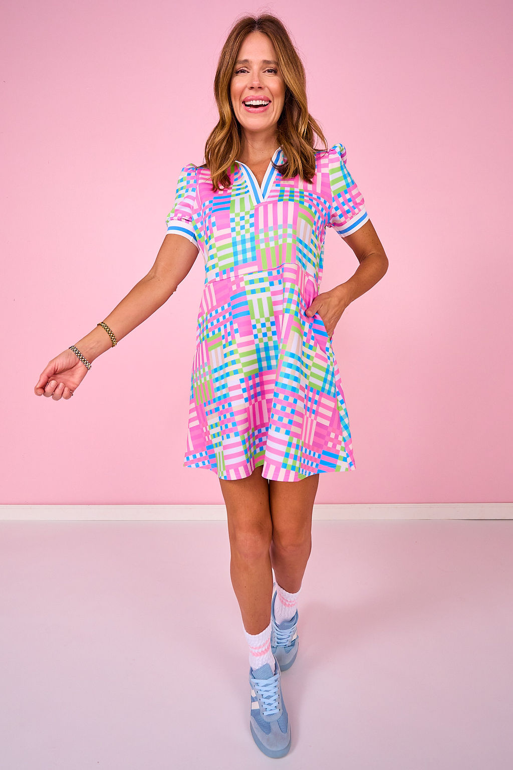 SSYS Scuba Drop Waist Ribbed Collar Dress In Geo