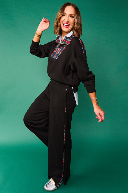 SSYS Tartan Piped Flat Front Air Wide Leg Pants In Black