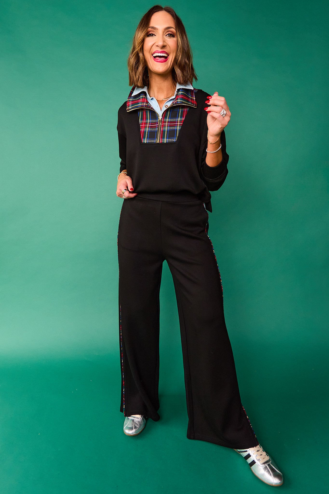 SSYS Tartan Piped Flat Front Air Wide Leg Pants In Black