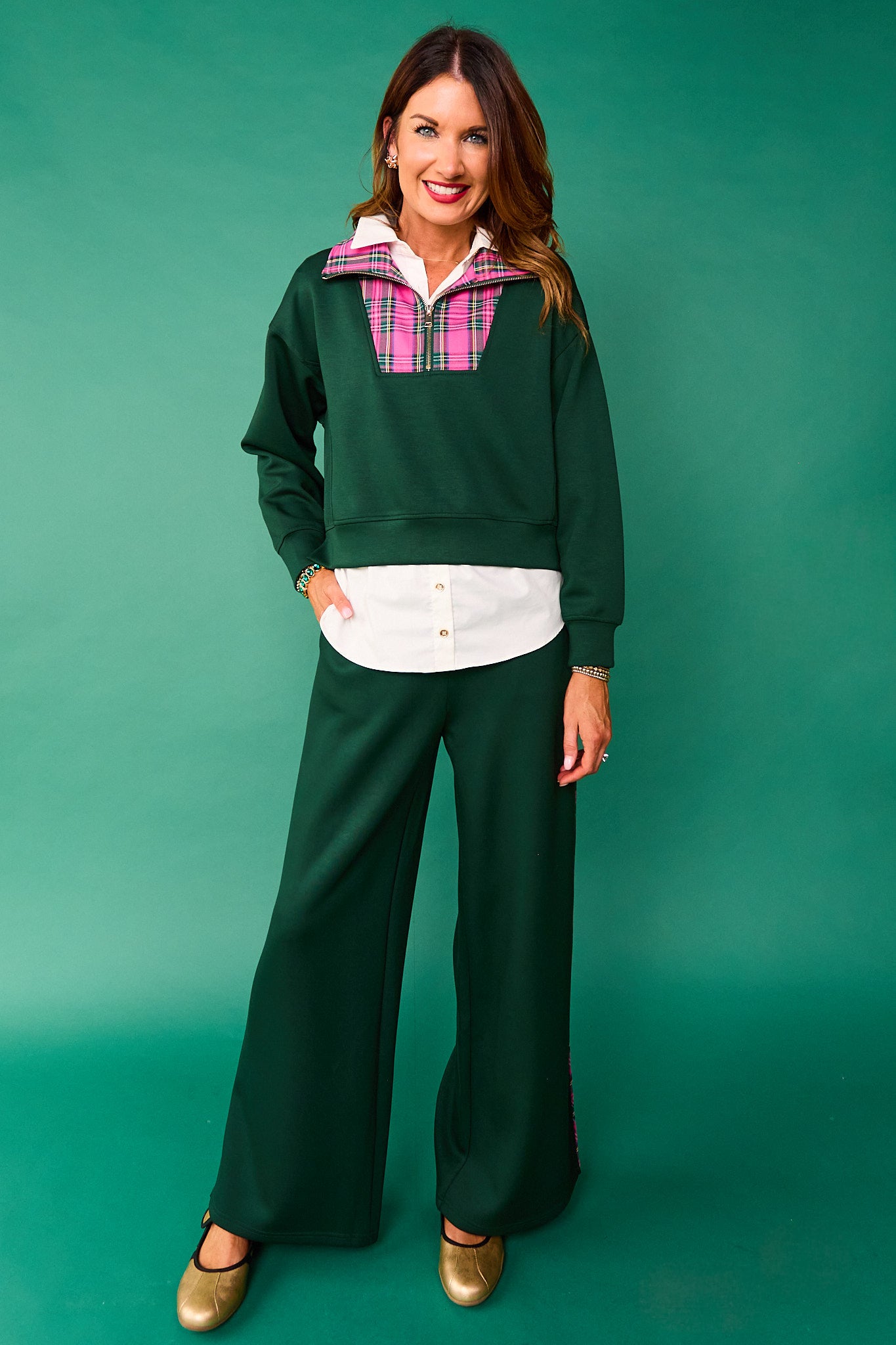 SSYS Tartan Piped Flat Front Air Wide Leg Pants In Hunter