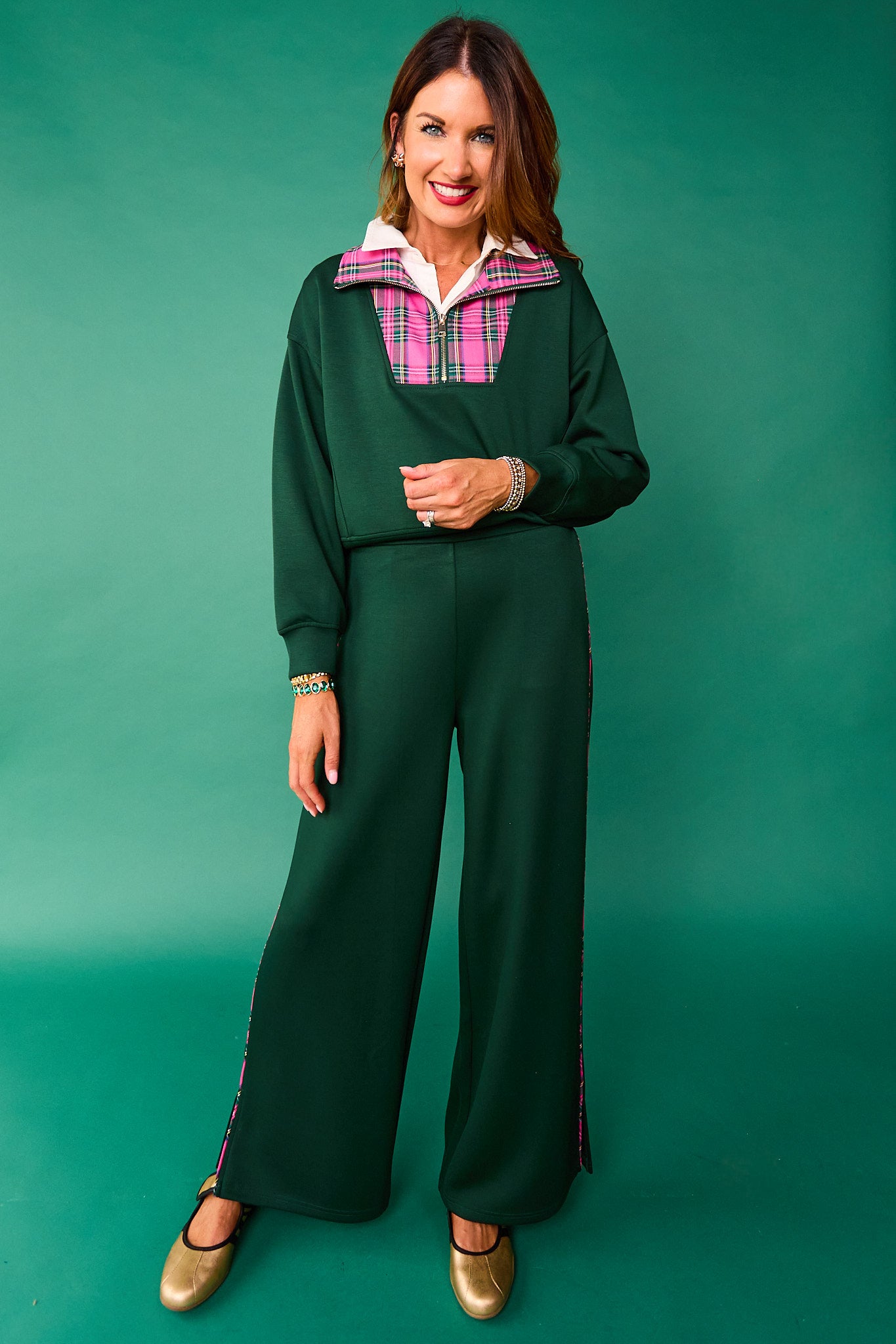 SSYS Tartan Piped Flat Front Air Wide Leg Pants In Hunter