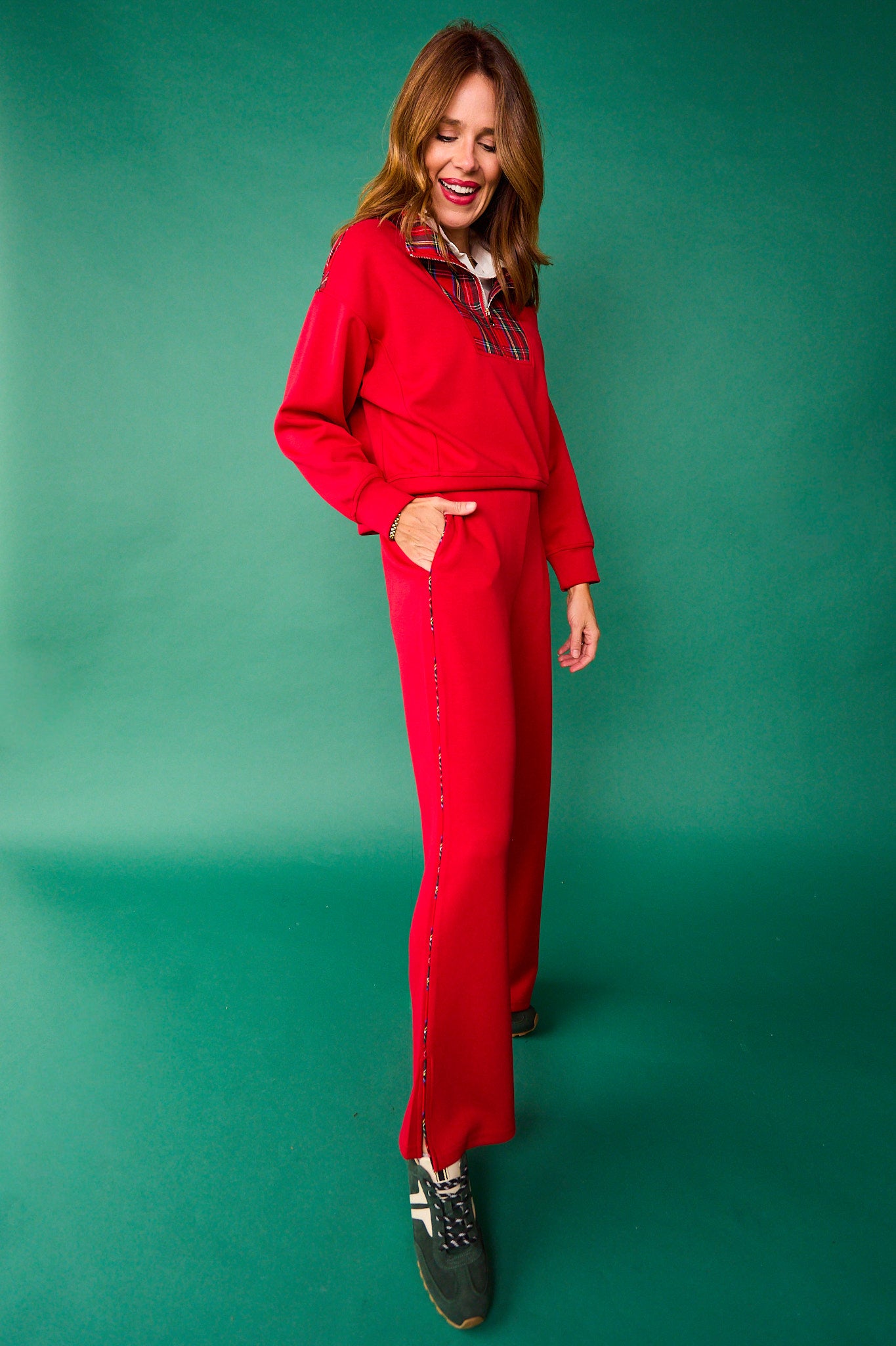 SSYS Tartan Piped Flat Front Air Wide Leg Pants In Red