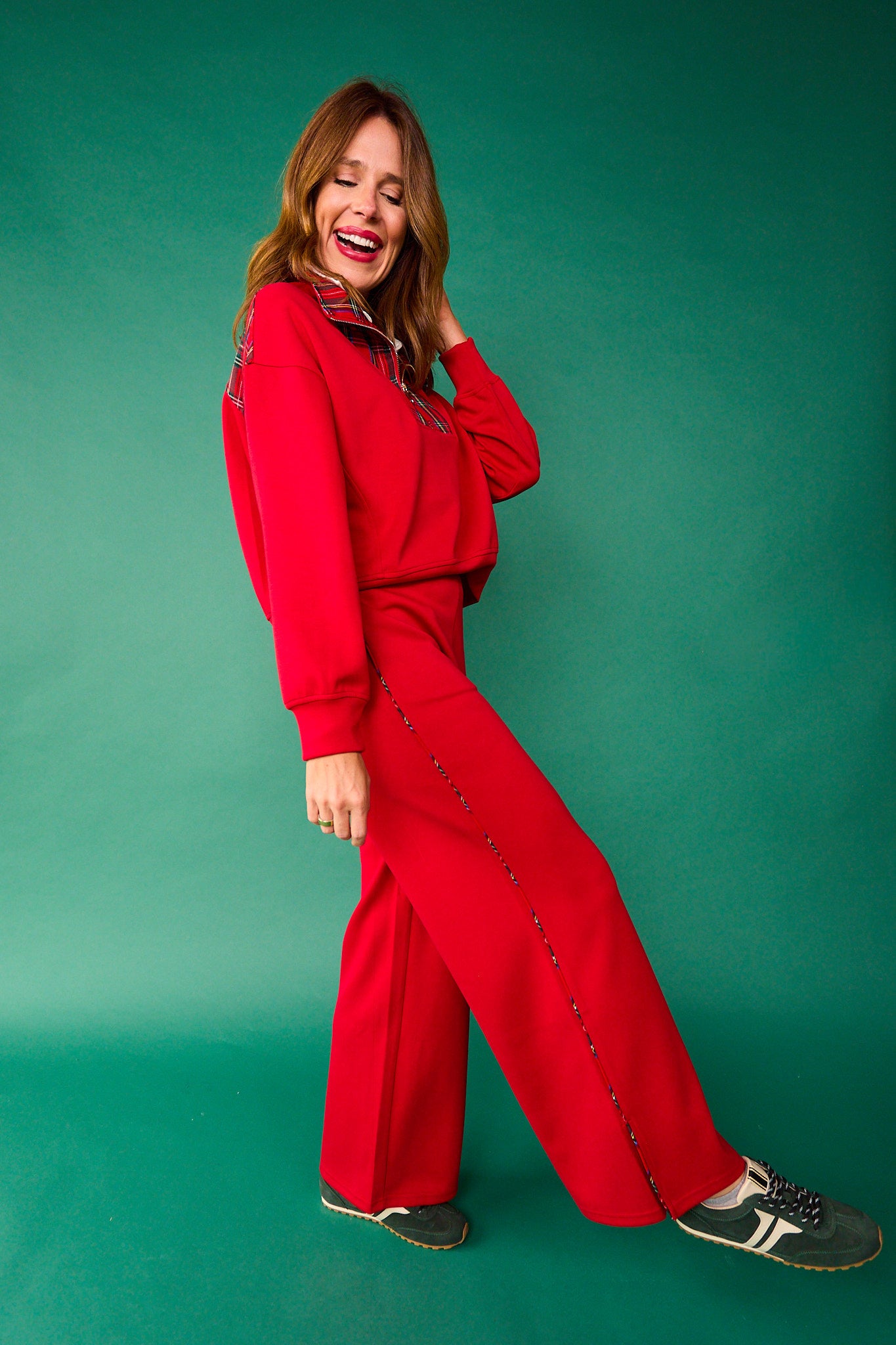 SSYS Tartan Piped Flat Front Air Wide Leg Pants In Red