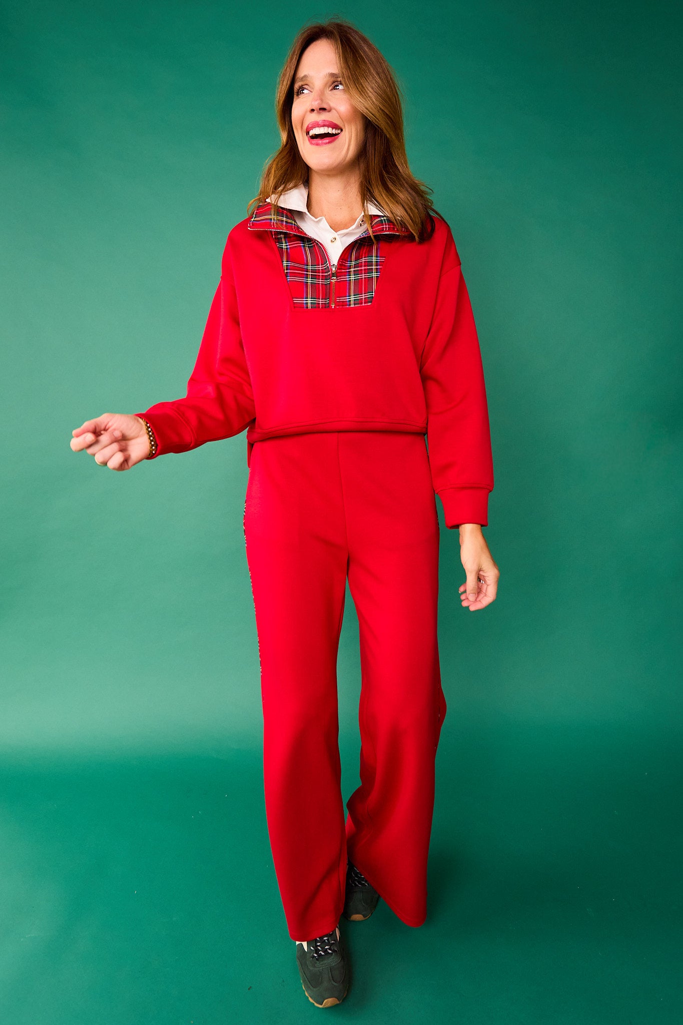 SSYS Tartan Piped Flat Front Air Wide Leg Pants In Red