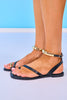 Black Flat Toe and Ankle Gold Embellished Strap Sandals