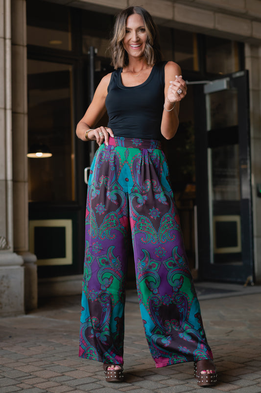 SSYS Nia Dark Orchid Paisley Print Satin Pants