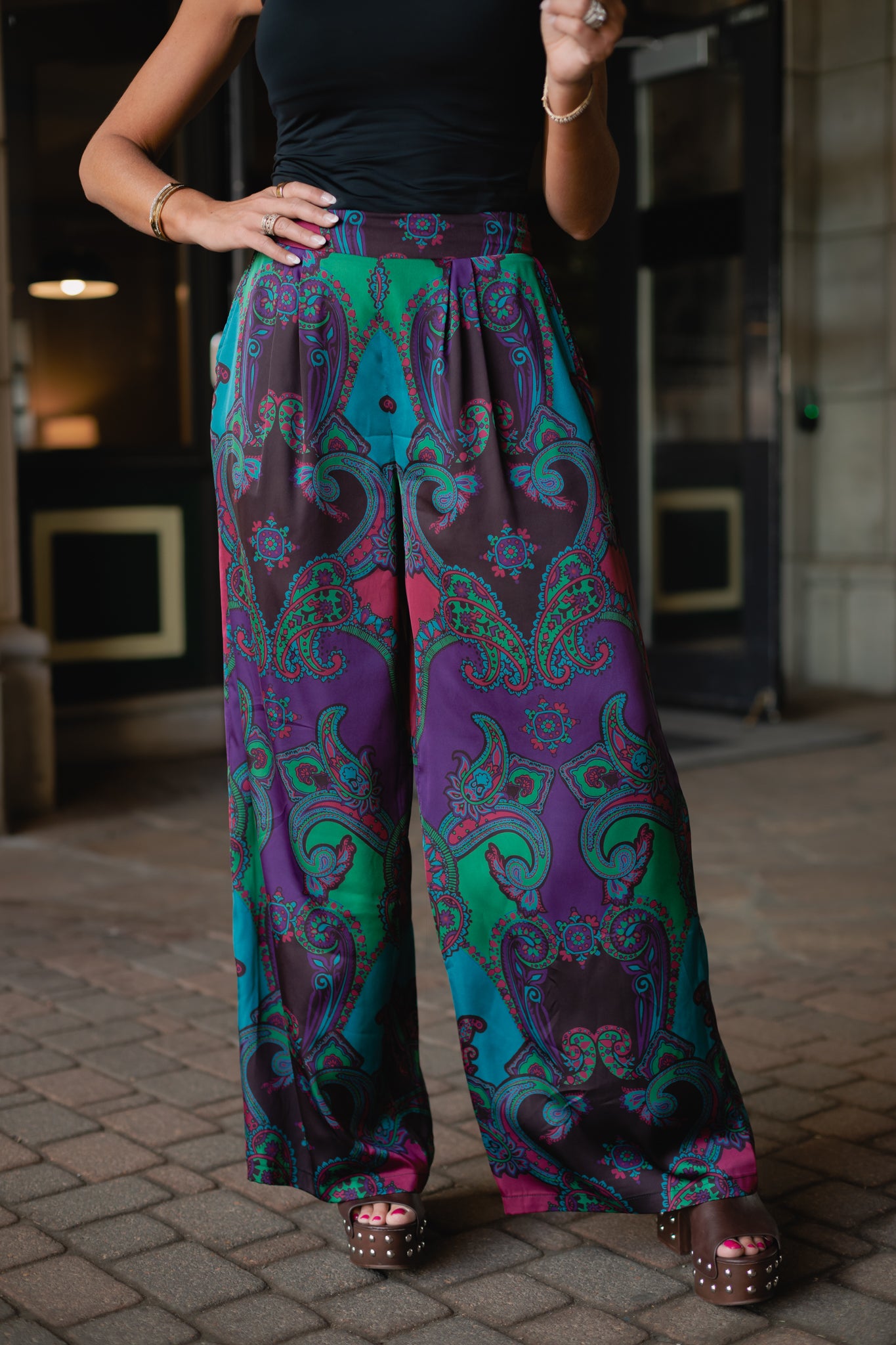SSYS Nia Dark Orchid Paisley Print Satin Pants
