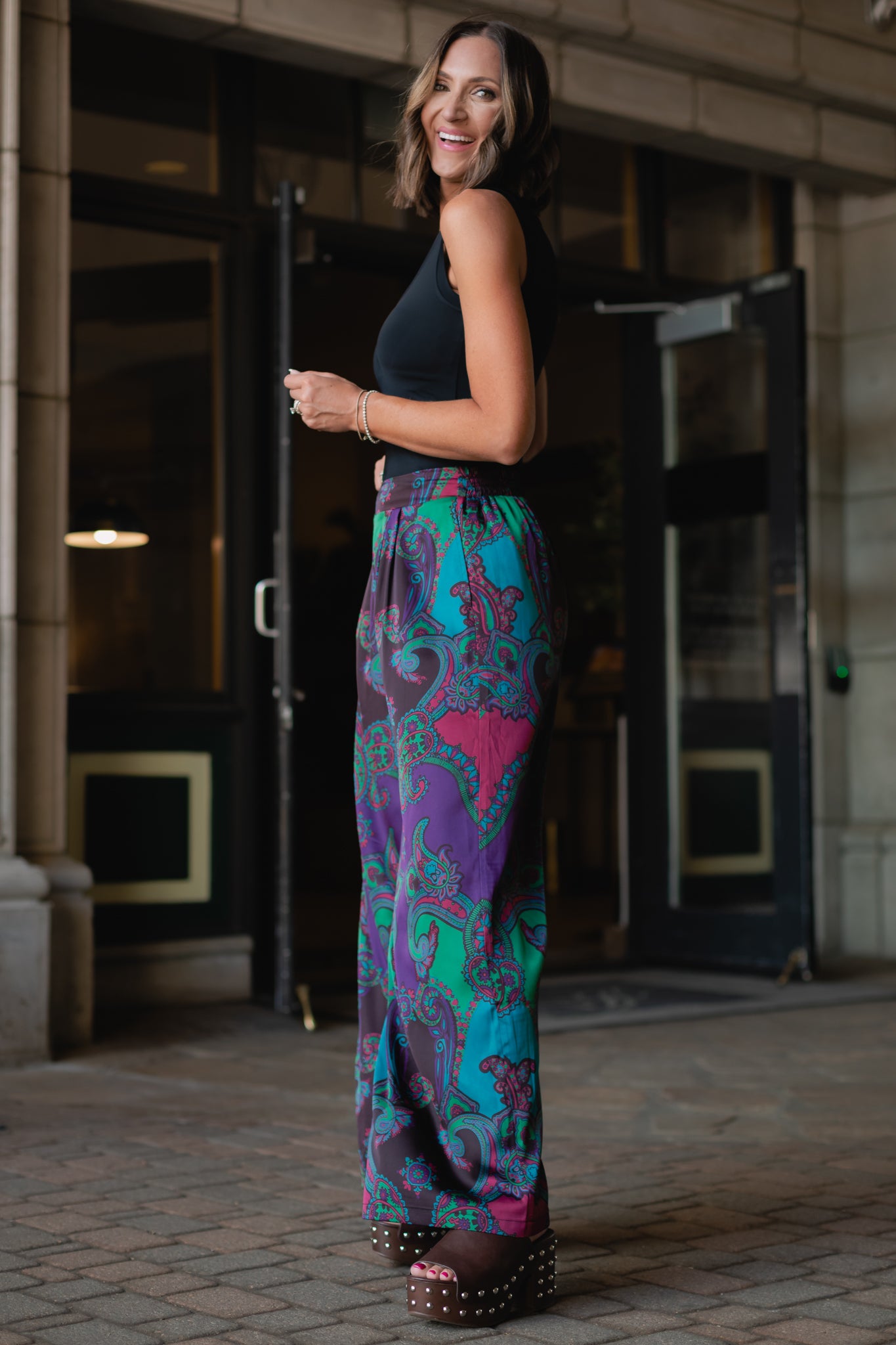 SSYS Nia Dark Orchid Paisley Print Satin Pants