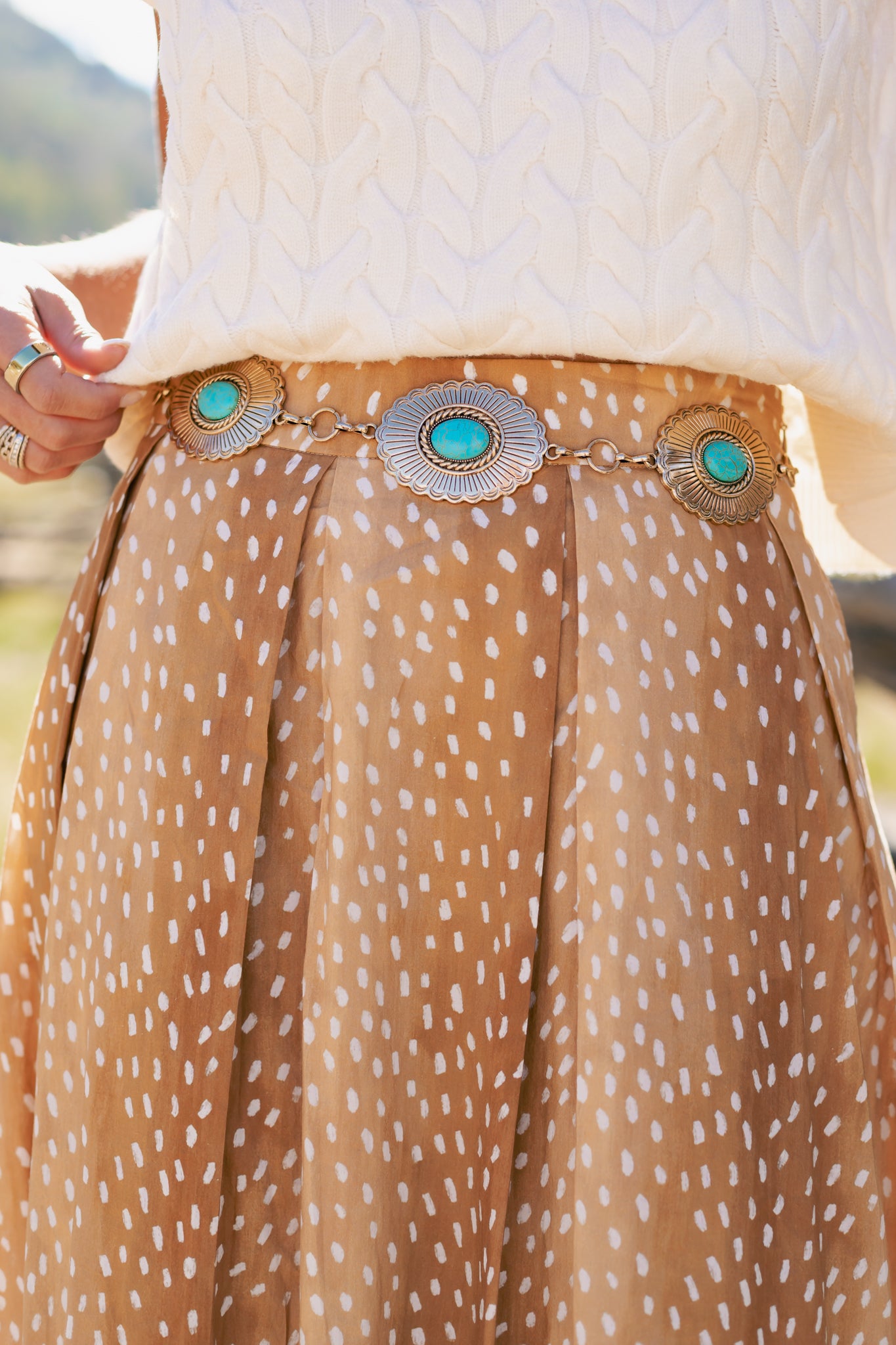 SSYS Cassidy Polka Dot Pleated Maxi Skirt In Tan Spotted Animal