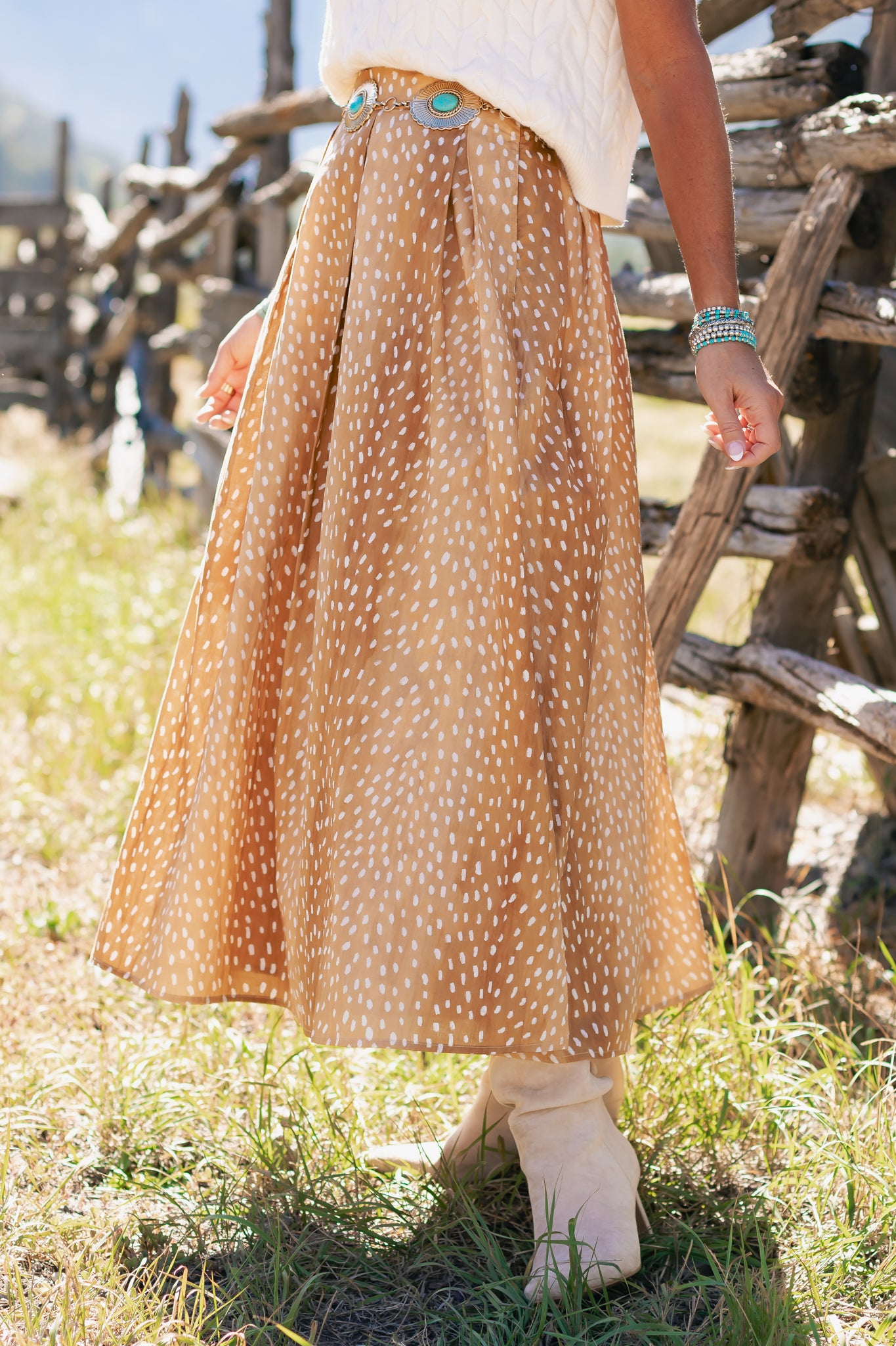 SSYS Cassidy Polka Dot Pleated Maxi Skirt In Tan Spotted Animal