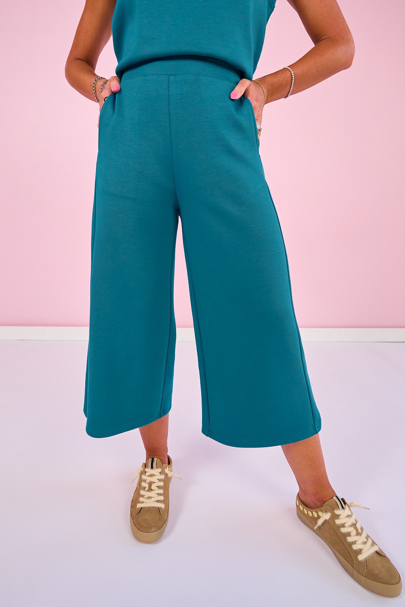 SSYS Flat Front Air Wide Leg Cropped Pants In Teal *FINAL SALE*