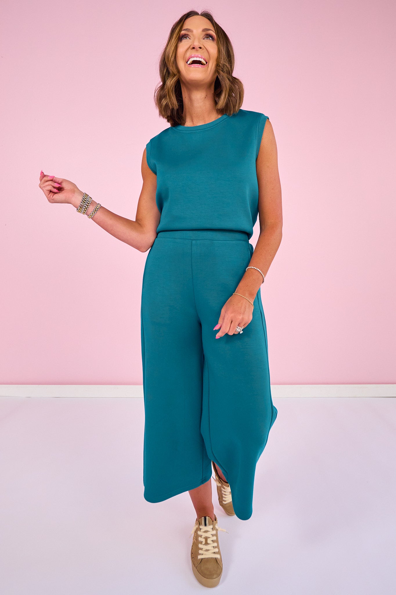 SSYS Flat Front Air Wide Leg Cropped Pants In Teal *FINAL SALE*