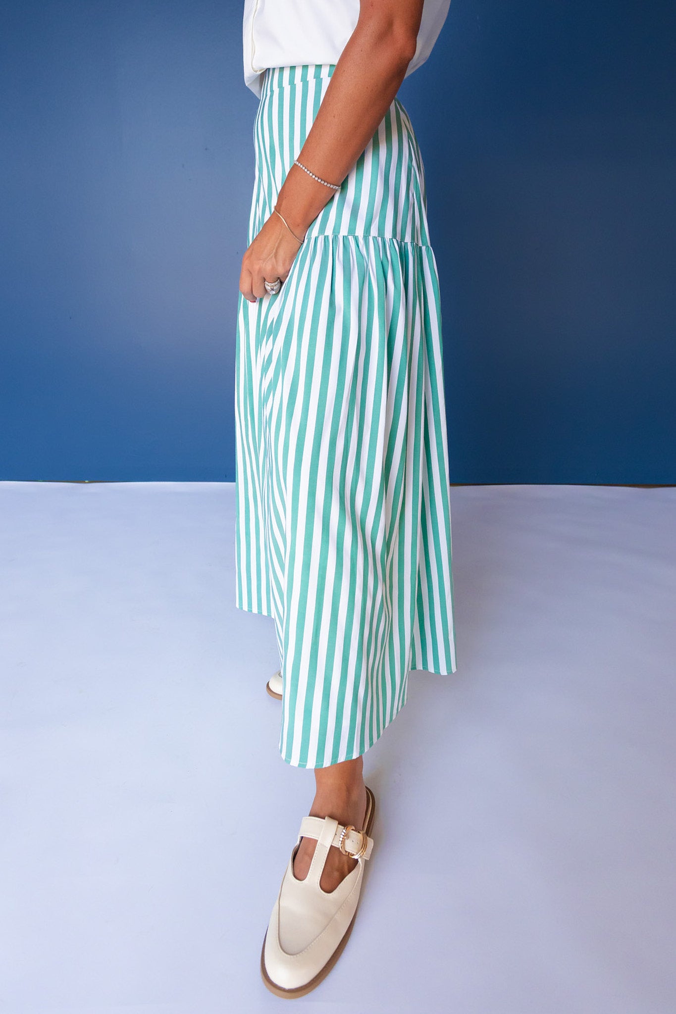 SSYS Rosalie Drop Waist Maxi Skirt in Hunter and White Stripe