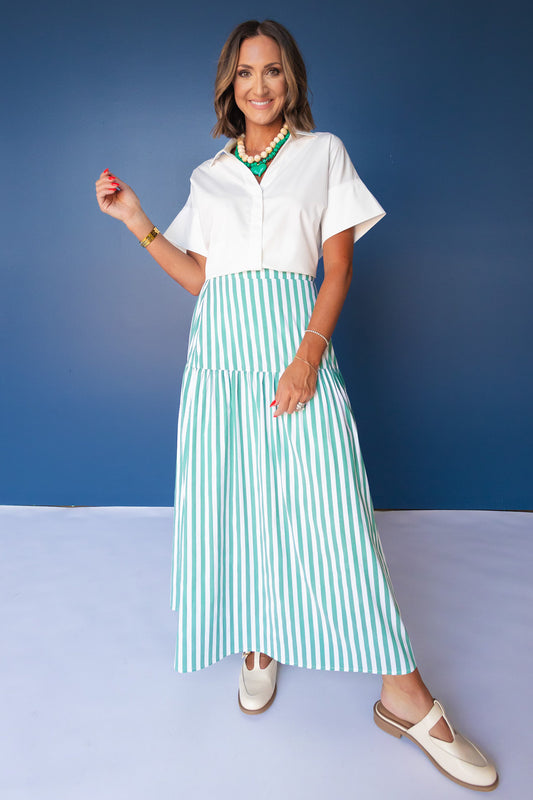 SSYS Rosalie Drop Waist Maxi Skirt in Hunter and White Stripe