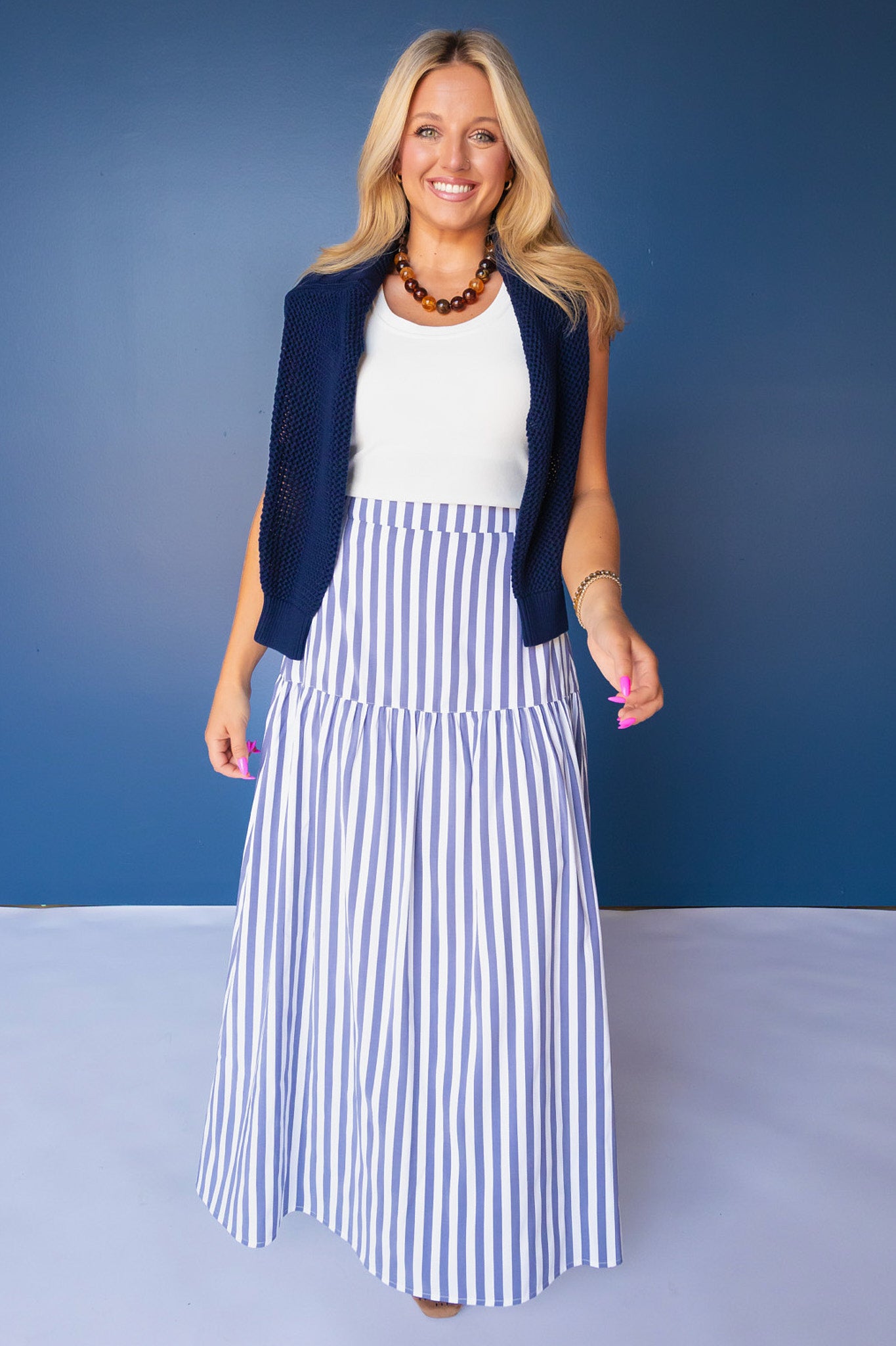 SSYS Rosalie Drop Waist Maxi Skirt in Navy and White Stripe