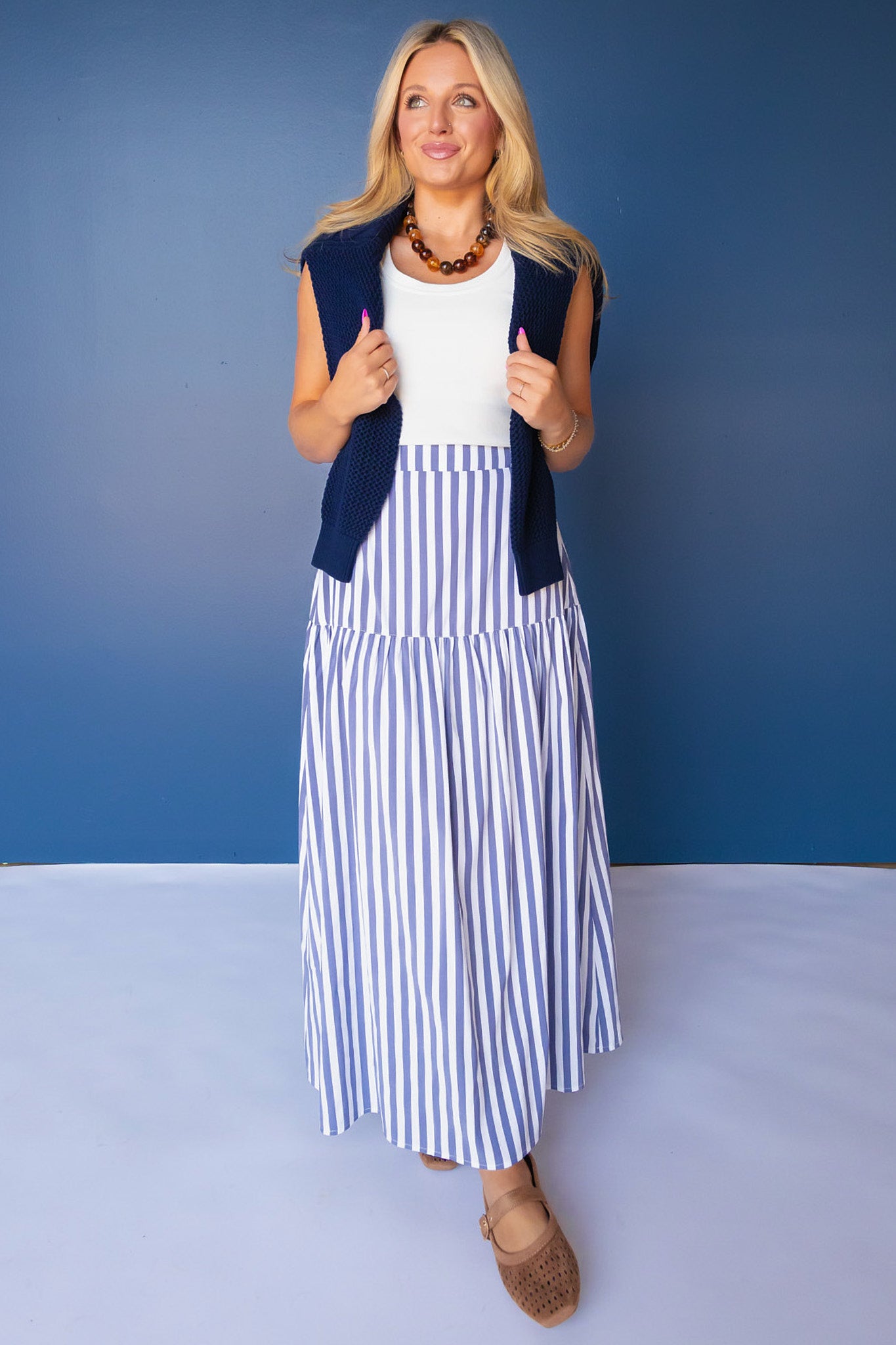 SSYS Rosalie Drop Waist Maxi Skirt in Navy and White Stripe