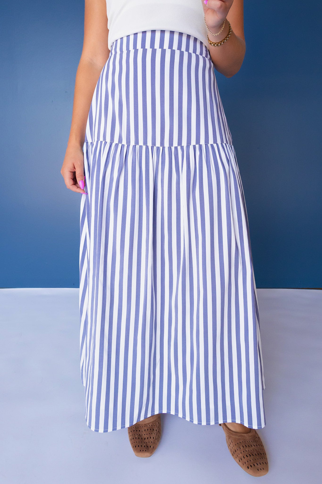 SSYS Rosalie Drop Waist Maxi Skirt in Navy and White Stripe