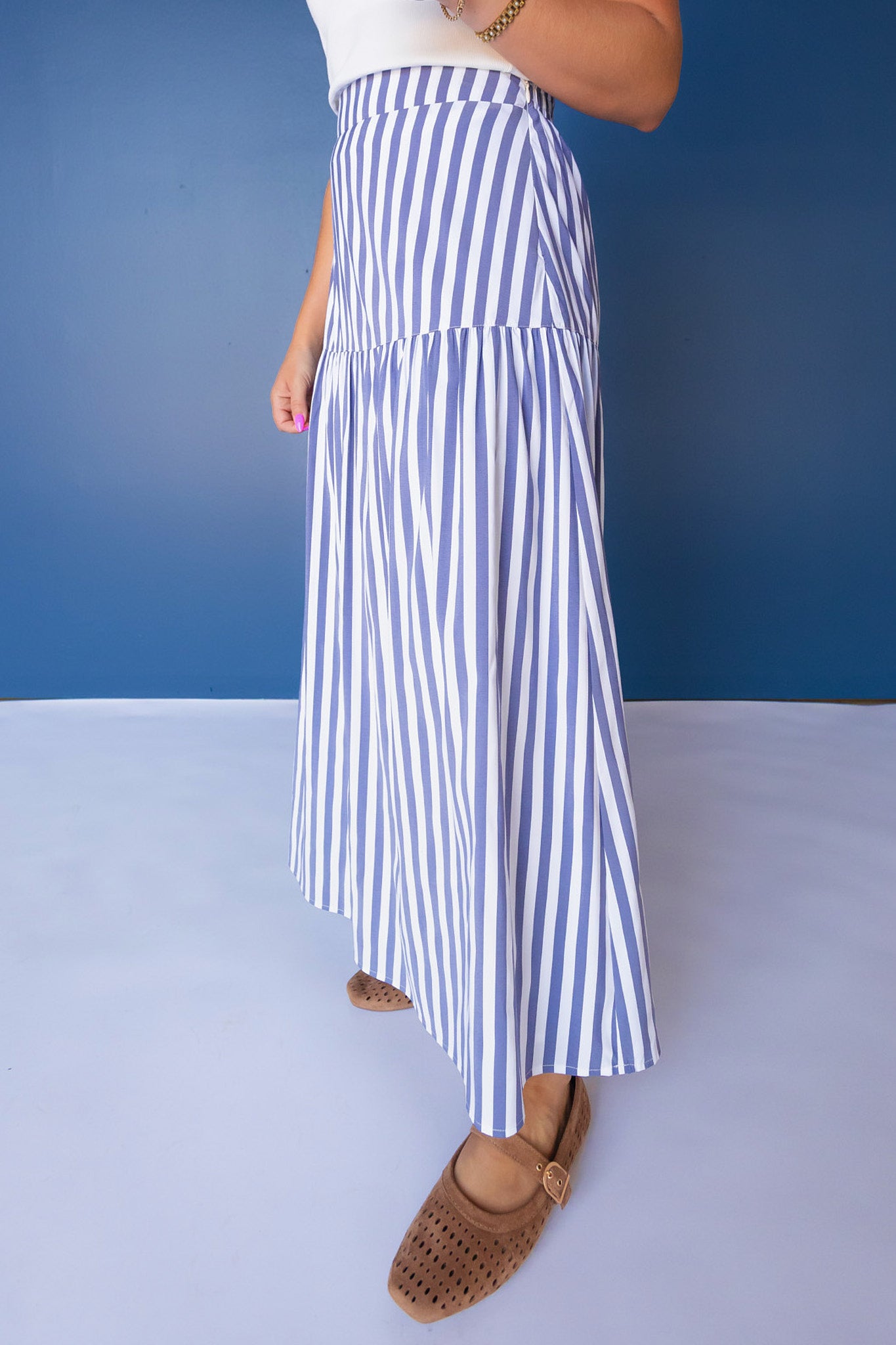 SSYS Rosalie Drop Waist Maxi Skirt in Navy and White Stripe