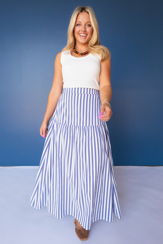 SSYS Rosalie Drop Waist Maxi Skirt in Navy and White Stripe