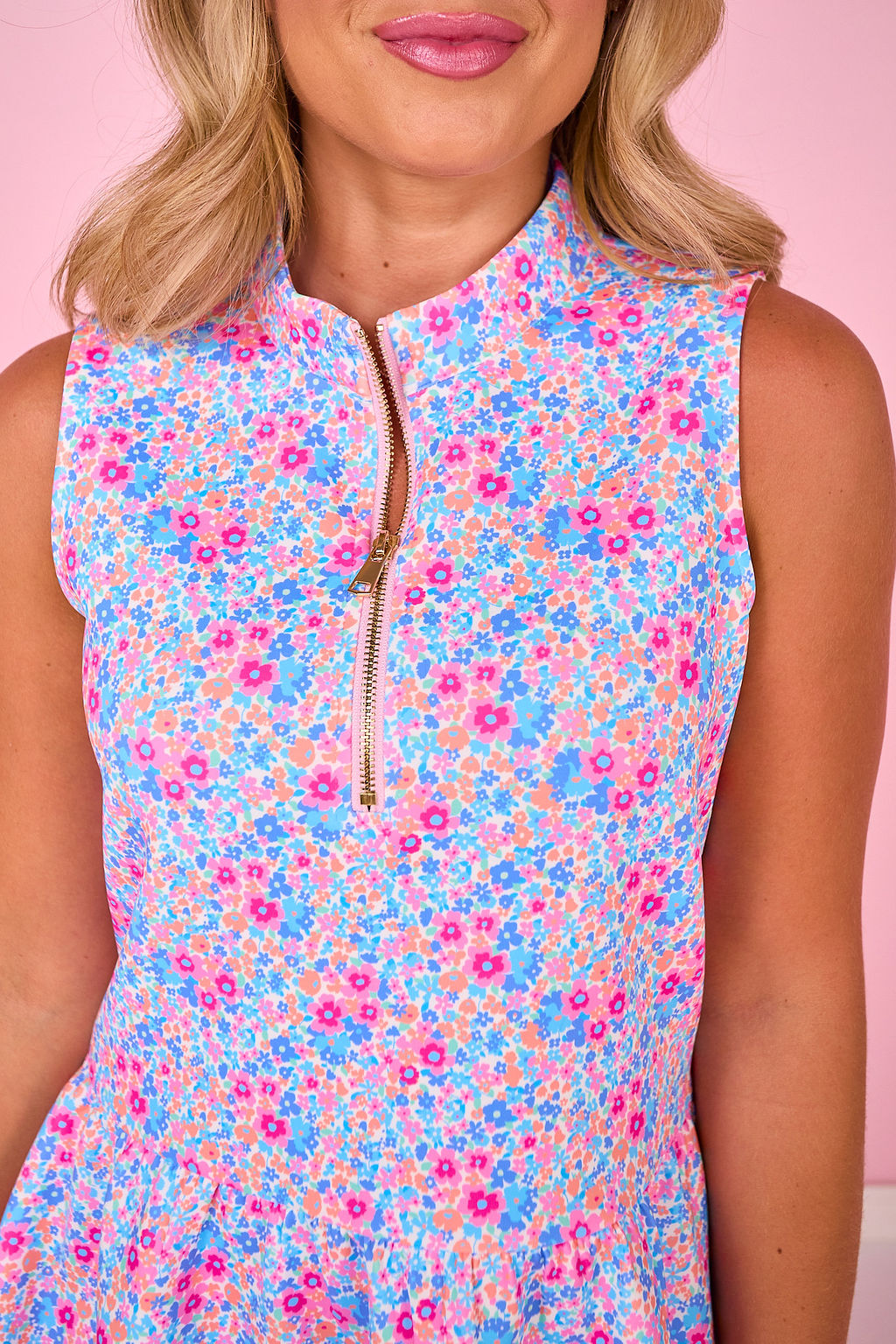 SSYS Augusta Scuba Light Pink Contrast Zipper Dress In Ditsy Floral