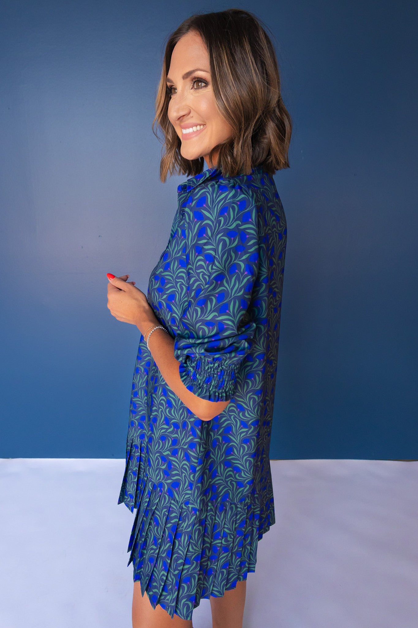 SSYS Phoebe Smocked Long Sleeve Pleated Bottom Dress In Navy Palm