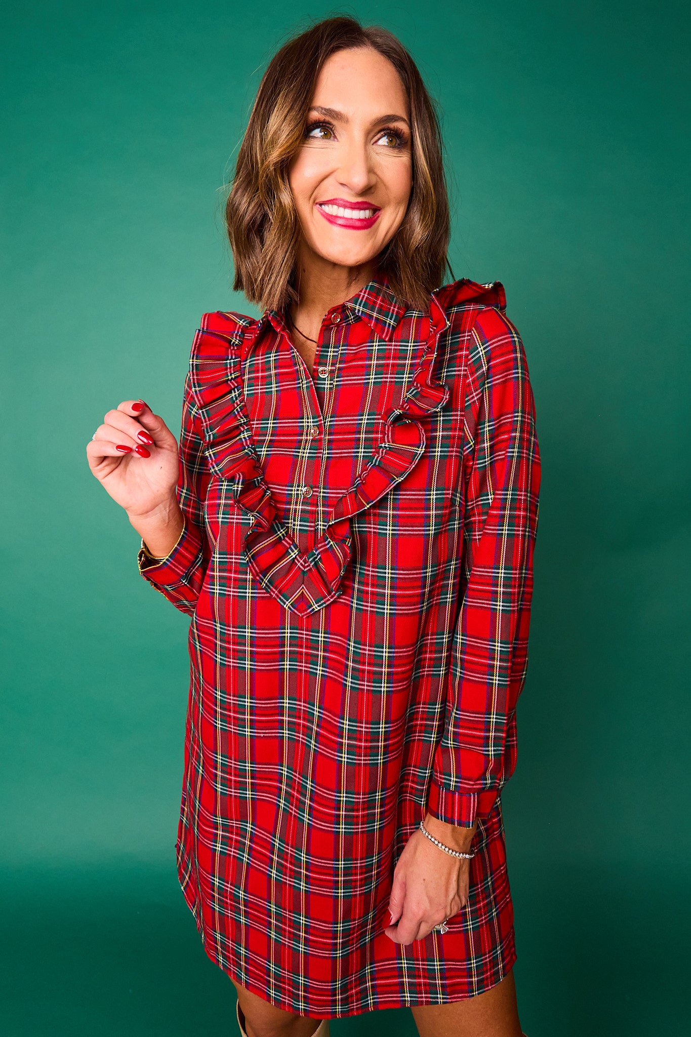 SSYS Finley Ruffle Detail Dress In Red Tartan