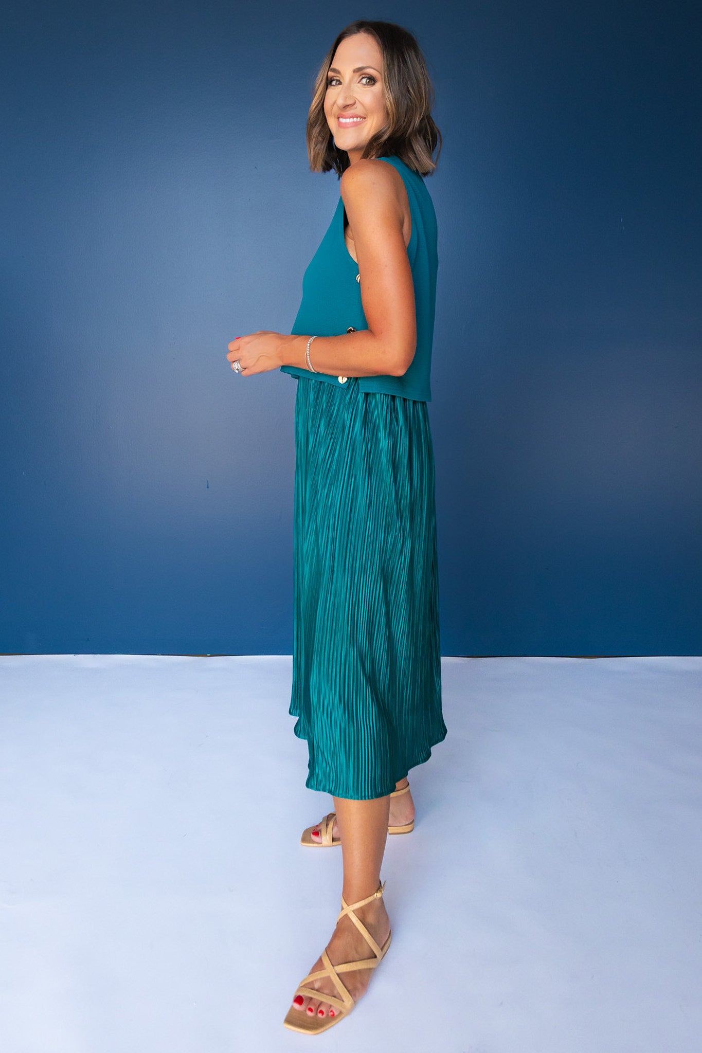 SSYS Samantha Pleated Twofer Midi Dress In Hunter