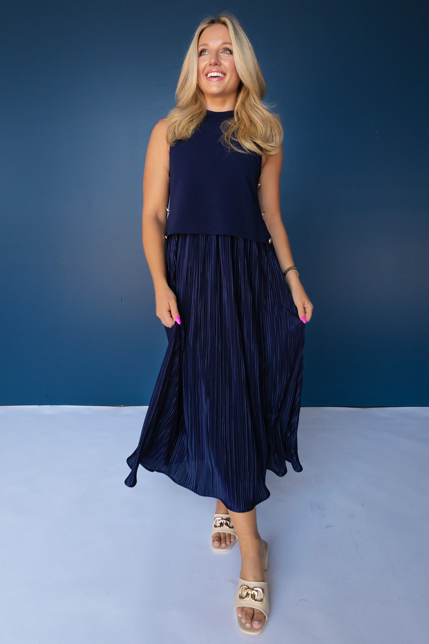 SSYS Samantha Pleated Twofer Midi Dress In Navy
