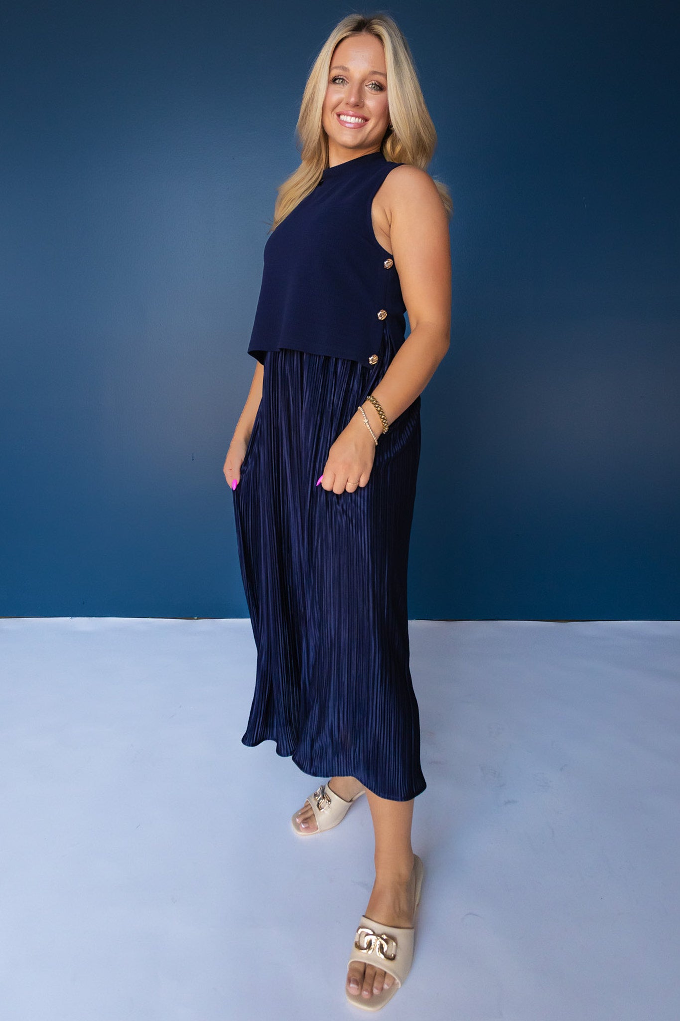 SSYS Samantha Pleated Twofer Midi Dress In Navy