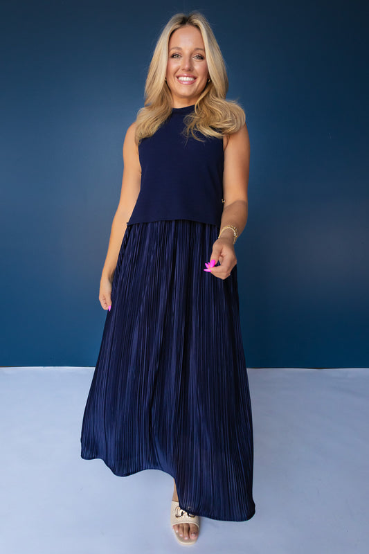 SSYS Samantha Pleated Twofer Midi Dress In Navy