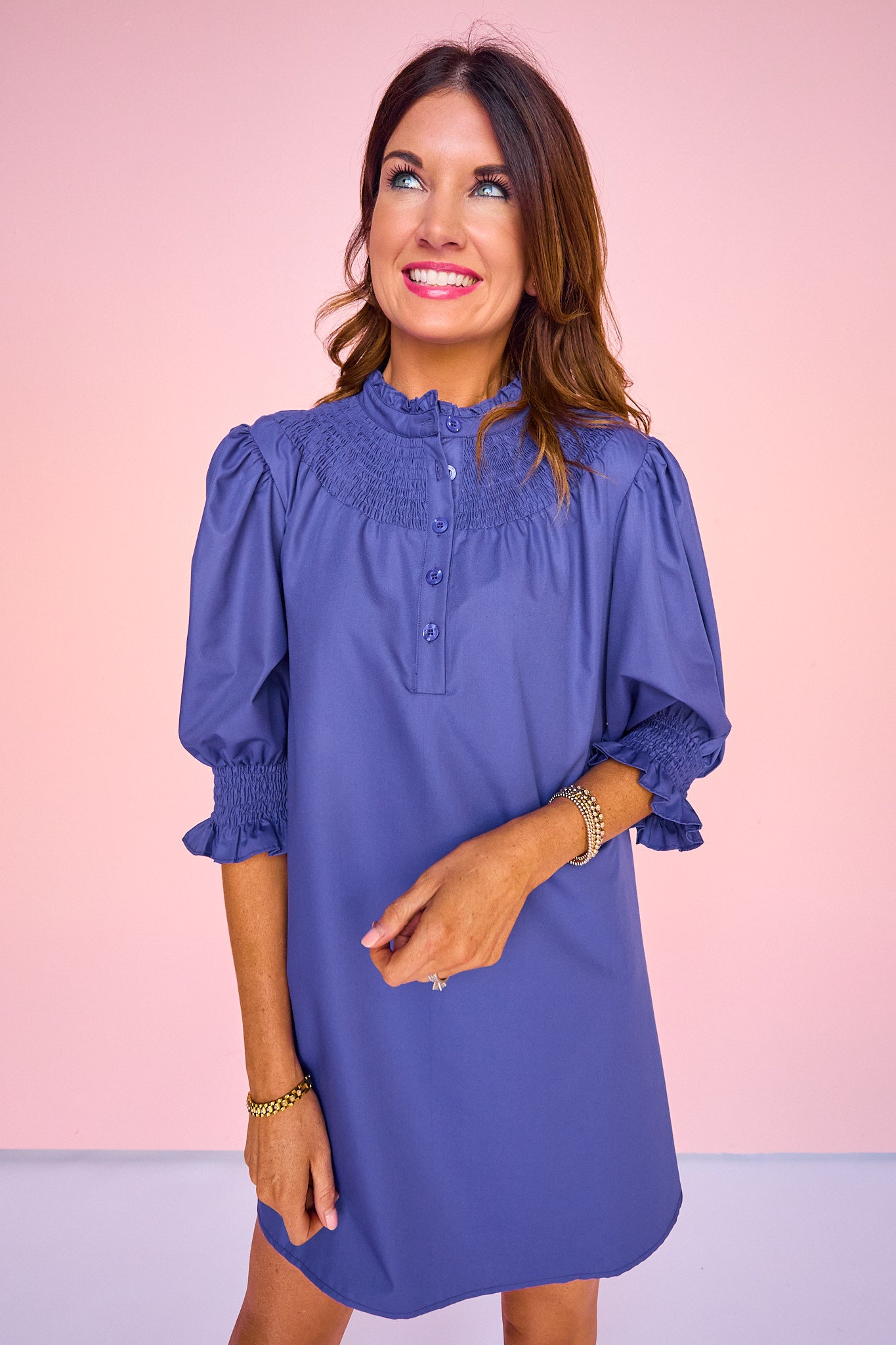 SSYS Maren Smocked Short Sleeve Dress In Dark Cobalt