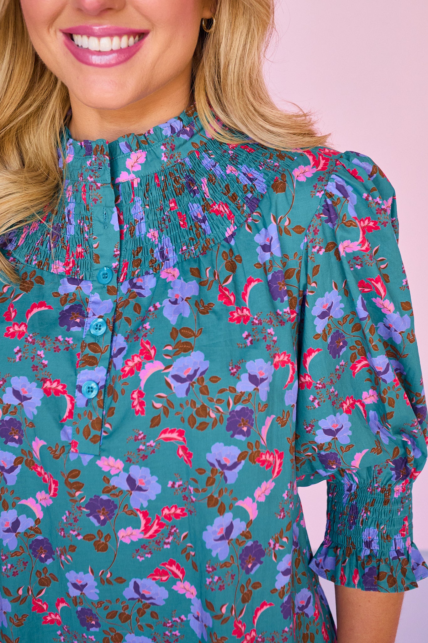 SSYS Maren Smocked Short Sleeve Dress In Teal Floral