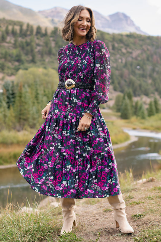 SSYS Wrenley Sheer Long Sleeve Tiered Maxi Dress In Berry Floral