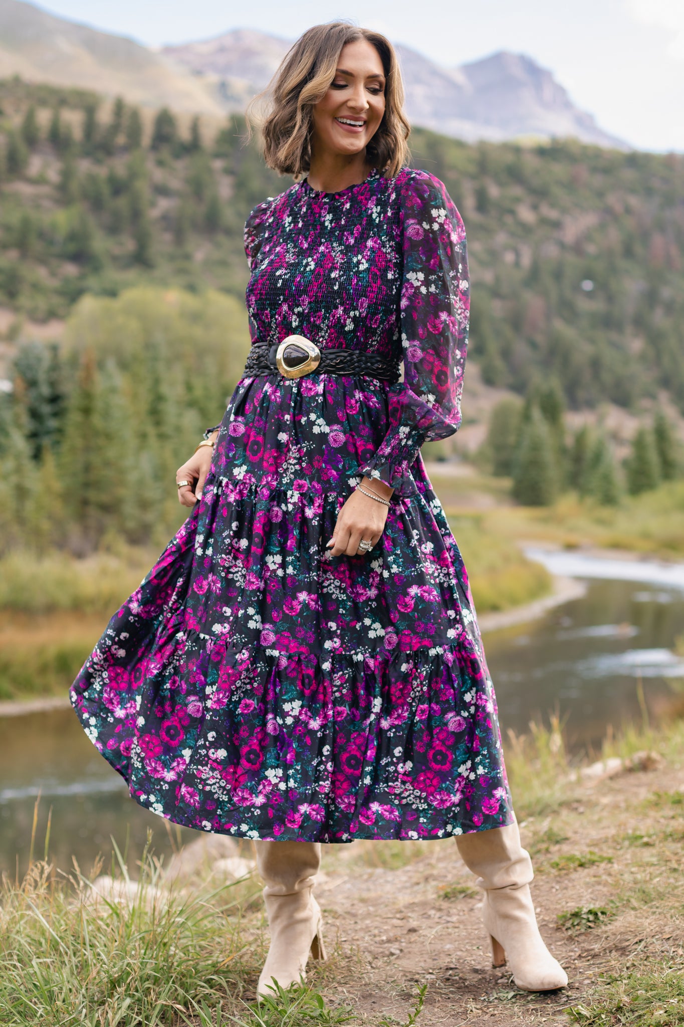 SSYS Wrenley Sheer Long Sleeve Tiered Maxi Dress In Berry Floral