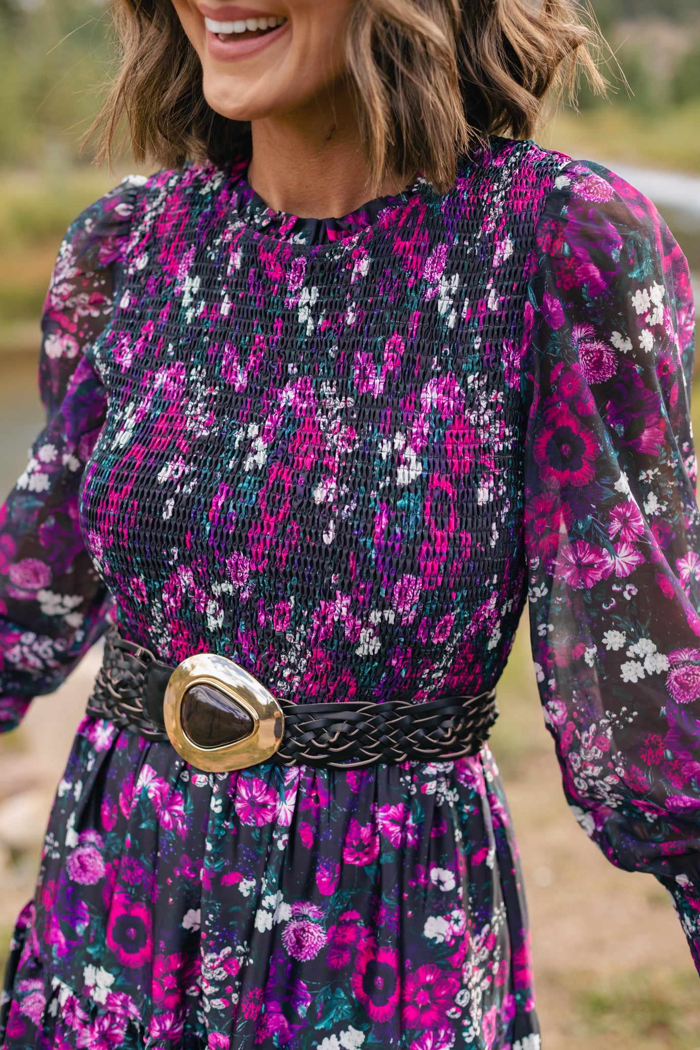 SSYS Wrenley Sheer Long Sleeve Tiered Maxi Dress In Berry Floral