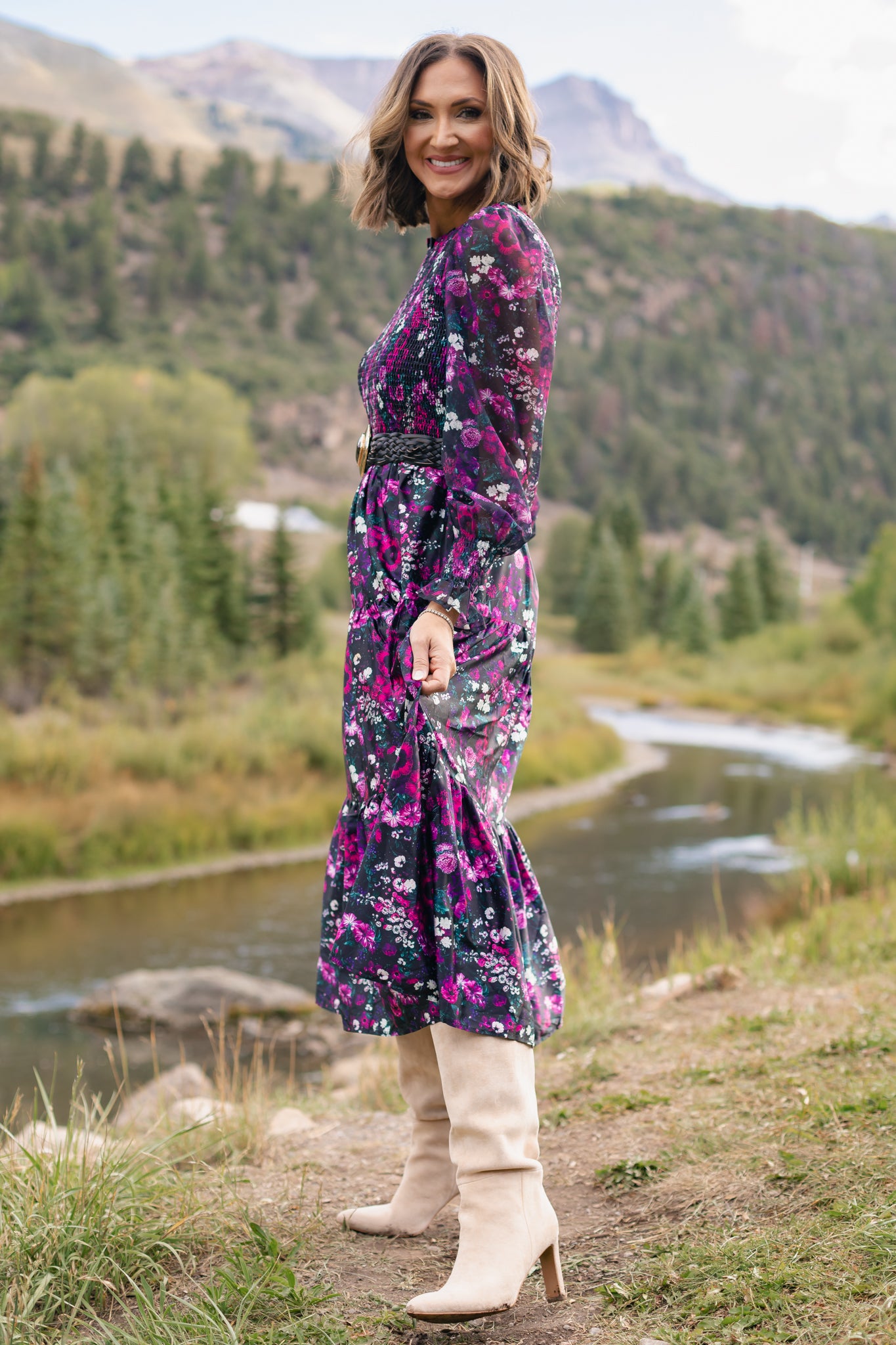 SSYS Wrenley Sheer Long Sleeve Tiered Maxi Dress In Berry Floral